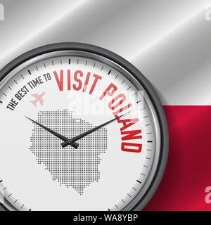 Le meilleur moment pour visiter la Pologne. Rendre en Pologne. Vol touristique. Waving Flag Background and Dots Pattern Map sur le cadran. Vector Illustration. Illustration de Vecteur