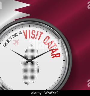 Le meilleur moment pour visiter le Qatar. Voyage au Qatar. Vol touristique. Waving Flag Background and Dots Pattern Map sur le cadran. Vector Illustration. Illustration de Vecteur