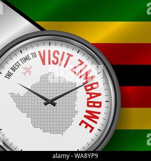 Le meilleur moment pour visiter le Zimbabwe. Voyage au Zimbabwe. Vol touristique. Waving Flag Background and Dots Pattern Map sur le cadran. Vector Illustration. Illustration de Vecteur