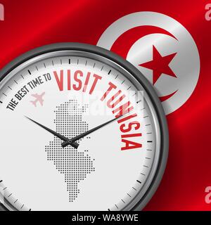 Le meilleur moment pour visiter la Tunisie. Voyage Tunisie. Vol touristique. Waving Flag Background and Dots Pattern Map sur le cadran. Vector Illustration. Illustration de Vecteur