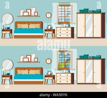 Chambre à coucher ensemble avec mobilier et vue sur la fenêtre de l'hiver et été lac paysage. Illustration de Vecteur