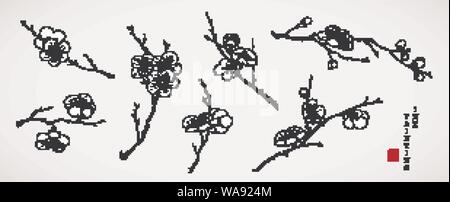 Art peinture d'encre aquarelle texture vecteur illustration fleur de cerisier fleur branche collection. La traduction pour le mot chinois : Fleur de cerisier Illustration de Vecteur