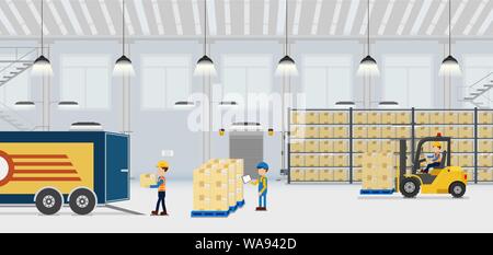 Dans l'entrepôt avec processus de travail travailleurs modèle plat vector illustration Illustration de Vecteur