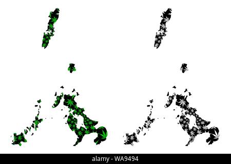 La Préfecture de Nagasaki (divisions administratives du Japon, préfectures du Japon) La carte est conçue de feuilles de cannabis vert et noir, Nagasaki carte fait de mari Illustration de Vecteur