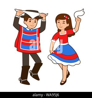 Cute cartoon enfants dancing Cueca, danse traditionnelle au Chili. Garçon et fille en costume national célébrant de chilien Dieciocho. Illus vectoriel Illustration de Vecteur