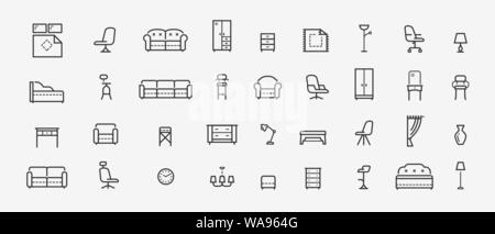 Les meubles, les icônes de la ligne définie. Collection black outline logo pour applications mobiles ou web site design. Illustration vecteur de l'intérieur Illustration de Vecteur