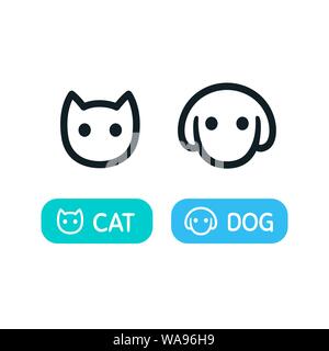 Chat et chien, simple face à l'icône de la ligne à la main. Cartoon style minimal, pictogramme de l'interface utilisateur l'écran de choix pour animaux de boutons. Vector illustration set. Illustration de Vecteur