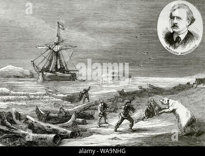 Expédition suédoise au pôle arctique. "Lieu" de l'équipage attaqué par un ours polaire. Le professeur Nordenskiöld a dirigé l'expédition. En 1875, à bord du "lieu" yacht à voile, Adolf Erik Nordenskiöld (1832-1901) traversé la mer de Kara, à l'embouchure de la rivière Yenisei, d'où il revient en Suède grâce à Saint-Pétersbourg, alors que Kjellmann, l'un de ses compagnons, est arrivé à le port norvégien de Hammerfest à bord du "lieu" . La gravure. La Ilustracion Española y Americana, le 8 mars 1876. Banque D'Images