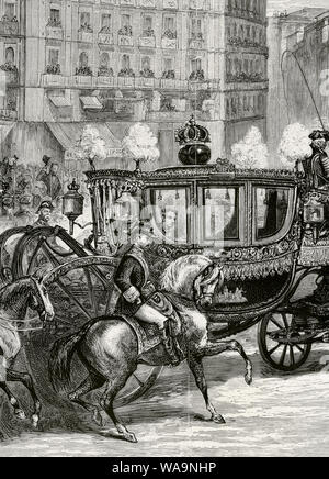 Histoire de l'Espagne. La seconde Restauration. Règne d'Alfonso XII (1874-1885). Madrid. Le cortège royal sur son chemin à travers la Puerta del Sol. Le roi Alphonse XII (1857-1885) en regardant par la fenêtre de son entraîneur. Détail. Dessin de Juan Comba. La gravure. La Ilustracion Española y Americana, le 22 février 1876. Supplément. Banque D'Images