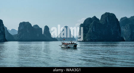 Halong, Vietnam - Août 22 : Les touristes qui visitent la Baie d'Halong en bateau le 22 août 2018 à Halong, Vietnam. Banque D'Images