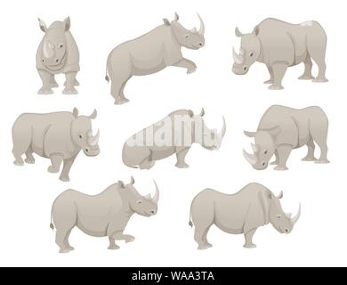 Ensemble de rhinocéros africains dans différentes poses cartoon animal télévision design vector illustration isolé sur fond blanc. Illustration de Vecteur