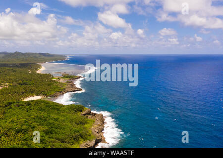 La côte rocheuse d'une île tropicale. Siargao, Philippines. Seascape de palmiers par temps ensoleillé, vue aérienne. Banque D'Images