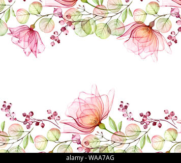 L'aquarelle transparente rose. Frontière floral horizontale. Arrangement dessiné à la main isolé avec de grandes fleurs et de petits fruits pour la conception, la papeterie de mariage Banque D'Images