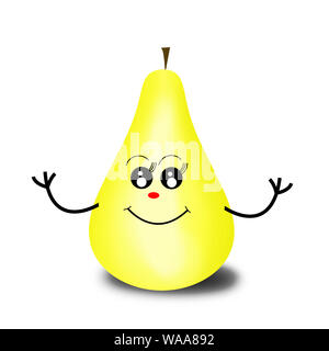 Kawaii illustration. Poire jaune mûrs avec visage Mignon et tendre la main isolé sur fond blanc. Banque D'Images