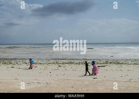 La population locale sur la plage à marée basse à proximité d'une ferme d'algues. Côte Est, Zanzibar Banque D'Images