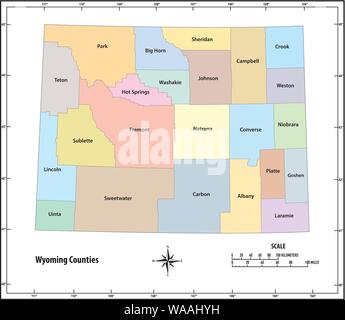 Aperçu de l'état du Wyoming et administratives politique tracer en couleur Illustration de Vecteur