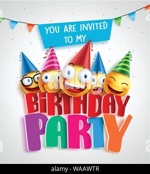 Invitation d'anniversaire avec vecteur conception smileys heureux portant des chapeaux d'anniversaire colorée dans le texte 3D en fond blanc. Vector illustration. Illustration de Vecteur