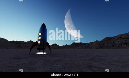 Fun rétro stylisée sur une fusée planète inconnue le rendu 3D Banque D'Images