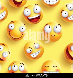 Smileys wallpaper modèle vectoriel continu dans la couleur jaune avec des visages heureux et les expressions faciales. Vector illustration. Illustration de Vecteur