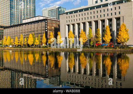 Le Japon, Honshu, Tokyo, Marunouchi, Hibiya-dori et Marunouchi Salon Skyline reflétée dans le Palais Impérial, douves extérieures 30076053 Banque D'Images