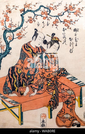 Le Japon, Honshu, Tokyo, Tokyo Metropolitan Marunouchi, musée Edo-Tokyo, peinture de Hokusai de l'Ukiyo-e Peinture d'amants sous Plum Blossoms en date du 1 Banque D'Images