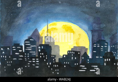 Paysage de nuit de pleine lune sur les toits de la ville de nuit avec la lumière colorée, illustration de la peinture. Illustration à l'aquarelle d'une pleine lune sur Big Yellow Banque D'Images