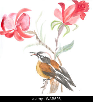 Carte d'invitation avec des oiseaux à l'aquarelle. L'art d'origine, de l'aquarelle de style oriental avec des oiseaux fleurs. L'art chinois Banque D'Images