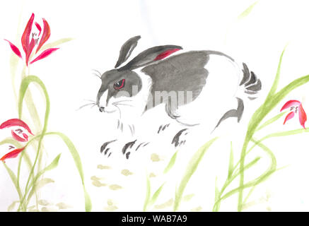 Gris aquarelle hare (lièvre) assis dans l'herbe et décoré par image de plantes vertes et rouges. L'art d'origine, de l'aquarelle dans un style oriental. Ch Banque D'Images