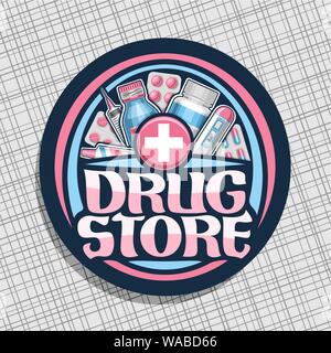 Logo vector for Drug Store, sombre d'un insigne avec récipient bleu, rouge thermomètre digital, des comprimés d'aspirine, de fournitures médicales, de la brosse d'origine de caractère wo Illustration de Vecteur