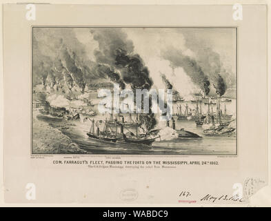 Com. La flotte de Farragut, passant des forts sur le Mississipi, 24 avril 1862 Banque D'Images