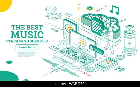 Les Services de musique en streaming. Concept isométrique. Vector Illustration. Service de diffusion en ligne du système. Les médias de divertissement dans le smartphone. Listening Music Illustration de Vecteur
