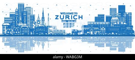 Aperçu Bienvenue à Zurich Suisse bleu horizon avec les bâtiments et les réflexions. Vector Illustration. Concept du tourisme avec l'architecture historique. Illustration de Vecteur