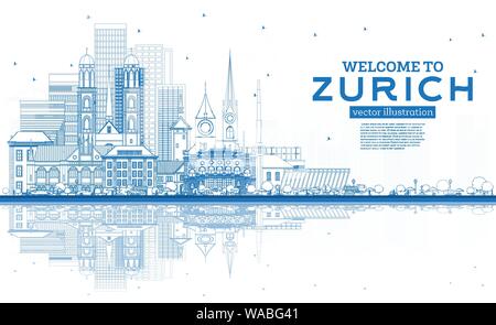 Aperçu Bienvenue à Zurich Suisse bleu horizon avec les bâtiments et les réflexions. Vector Illustration. Concept du tourisme avec l'architecture historique. Illustration de Vecteur