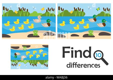 Trouvez les différences 10, jeu pour les enfants, un étang avec des canards cartoon, l'éducation game pour enfants d'âge préscolaire, de l'activité Feuille de tâche, pour le développement de Illustration de Vecteur