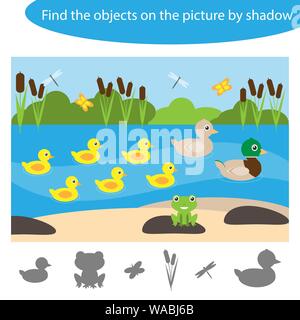 Trouver des objets par l'ombre, jeu pour les enfants l'étang avec des canards dans un style cartoon, l'éducation game pour enfants d'âge préscolaire, de l'activité Feuille de tâche, pour la Illustration de Vecteur