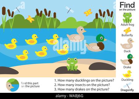 Page de l'activité, d'un étang avec des canards dans un style cartoon, trouver des images et répondre aux questions d'éducation visuelle, jeu pour le développement des enfants, pour les enfants Illustration de Vecteur