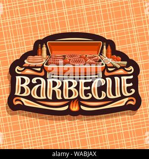 Logo Vector pour Barbecue, Dark vintage label avec saucisses grillées, tomate fraîche, juteuse et émincé de cuisses de poulet, lettrage original pour Word Illustration de Vecteur