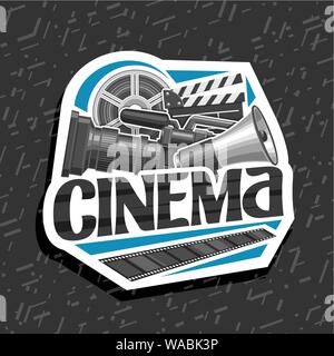 Logo vector pour le cinéma, la balise décorative blanc avec film professionnel et de l'équipement porte-voix, lettrage original pour cinema, illustration o Illustration de Vecteur