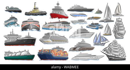 Vector set de différents navires et bateaux, collection d'icônes de transport d'eau isolées, cut out design illustration de brise-glace polaire, planer, artisanat Illustration de Vecteur