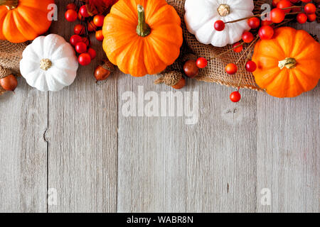 Automne bordure supérieure de citrouilles orange et blanc et les baies sur un fond de bois gris clair avec copie espace Banque D'Images