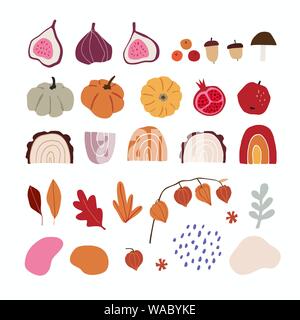 Ensemble d'abstrait moderne à la main les éléments d'automne. Apple, de figue, les citrouilles, les glands, les arcs-en-ciel, physalis et les éléments de géométrie. Concept d'automne Illustration de Vecteur