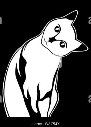 Pochoir de cute kitten, inclinant sa tête sur le côté, vecteur noir dessin à la main sur fond blanc Illustration de Vecteur