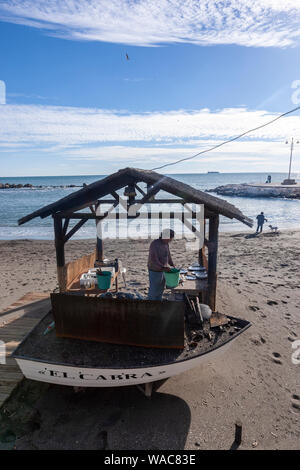 La préparation d'espeto de sardinas, sardine spit, Restaurante El Cabra , Pedregalejo, Malaga, Andalousie, Espagne Banque D'Images