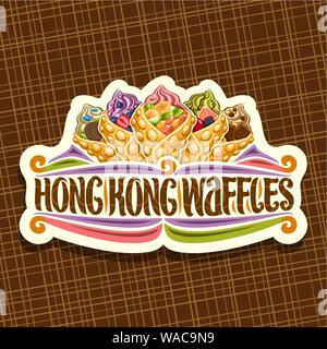 Logo Vector pour Hong Kong Waffle, white tag rétro avec 5 cônes alvéolés bulle variété de crème glacée molle farcis et les fruits, lettrage original Illustration de Vecteur