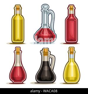 Vector set de bouteilles isolées, 6 conteneurs avec contours découpés, vinaigre gastronomiques de cidre en bonne santé, la carafe avec poignée, bouteille de vin rouge avec Illustration de Vecteur