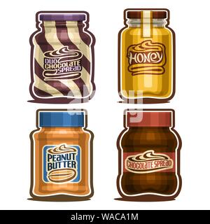 Vector set de 4 pots isolés, découper des contours doux avec des contenants de produits laitiers biologiques, agiter et choco coller pour enfants en santé, miel doré avec Illustration de Vecteur