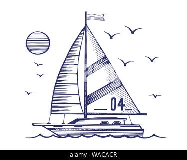 Yacht à voile plusieur bateaux dans la mer dessin vectoriel Illustration de Vecteur