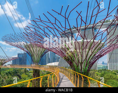 L'OCBC Skyway, une passerelle aérienne dans l'Supertree Grove, regard vers Marina Bay Sands, jardins de la baie, la ville de Singapour, Singapour Banque D'Images