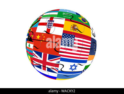 Puzzles Globe avec drapeaux monde isolé sur fond blanc Banque D'Images