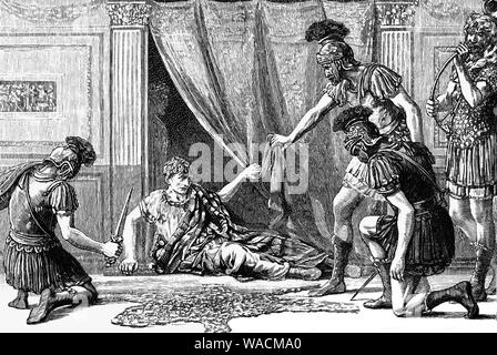 Claudius aka Tiberius Claudius Caesar Augustus Germanicus (10 BC - AD 54) fut empereur romain de 41 à 54 AD. Parce qu'il a été affligé avec une boiterie légère et la surdité en raison d'une maladie à un jeune âge, il a été exclu de la fonction publique. Dans 41AD, Caligula fut assassiné dans un complot impliquant le commandant prétorien Cassius Chaerea ainsi que plusieurs sénateurs. Après le meurtre, Claudius a été témoin de l'exécuter plusieurs gardes nobles, y compris ses amis et s'enfuit vers le palais de cacher où un prétorien nommé Gratus a trouvé derrière un rideau et le déclare imperator. Banque D'Images